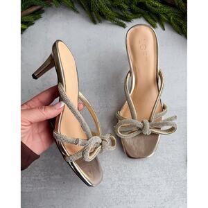 LOFT Bow Sparkle Holiday Slip On Square Toe Mule Kitten Heel Sandals Gold 8